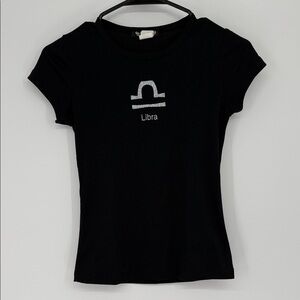 Vintage Y2K Black Baby Tee Libra Zodiac Silver Glitter Graphic Size Small Fitted